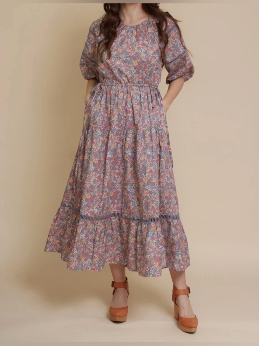 Calista midi length poplin dress with putt sleeves